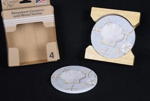 Counter Art SEA SHELL / BEACH Round Stone Coasters Set 4 Wooden Holder USA Chip - Picture 1 of 5