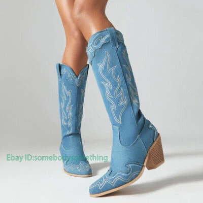 Women Cowboy Boots Riding Knee High Chunky Heels Pull On Pointy Toe Casual Shoes - Image 1 of 4