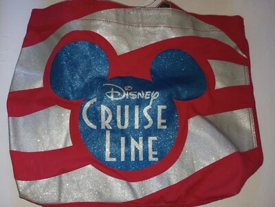 Bolso de Mano Disney Cruise Line Rayas Rojas y Plateadas de Lona con Logo Azul de Mickey Mouse Foto 1 de 4