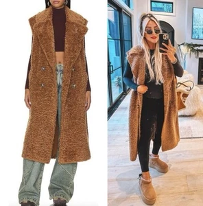 NWT Free People XL Cozy Time Teddy Longline Vest Cashew Sherpa Duster Coat - Picture 1 of 7