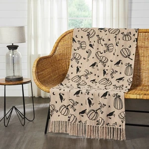 Raven Harvest THROW WOVEN 60X50 Country Primitive Crow Pumpkin Black Natural VHC - Picture 1 of 5