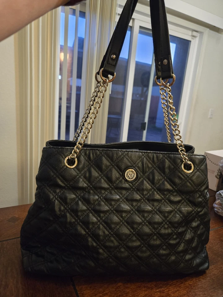 Anne Klein Womens Quilted Faux Leather Chain Strap Handbag Logo Tote Black - Image 1 of 4