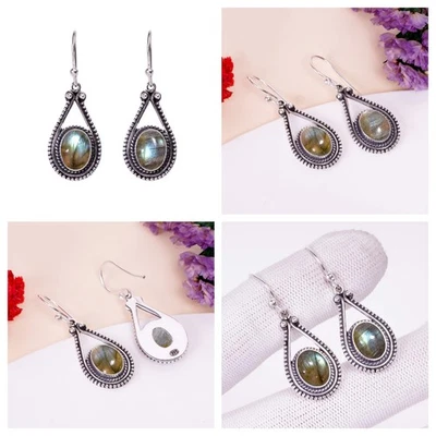 Natural Madagascar Labradorite 925 Sterling silver oxidized heritage earrings AA - Image 1 of 4