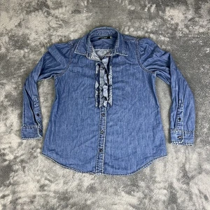 LAUREN Ralph Lauren Denim Ruffle Shirt Womens Long Sleeve Top Size 8 Pearl - Picture 1 of 9