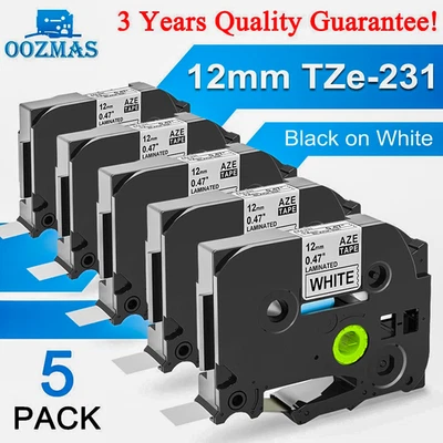5PK For Brother P-Touch TZe-231 TZ-231 12mm White Standard Laminated Label Tape - Image 1 of 4