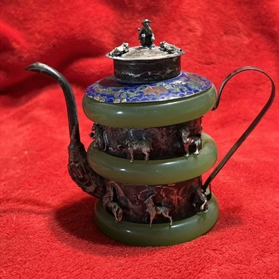 Vintage Jade And Silver Chinese Zodiac Teapot - Image 1 of 4