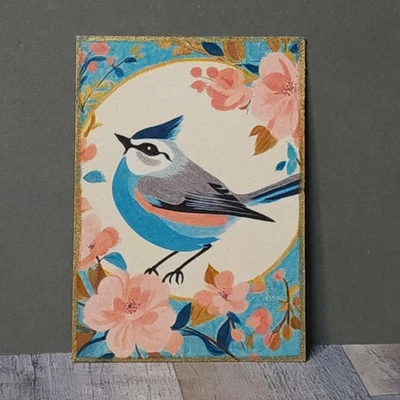 Tarjeta Coleccionable ACEO Original Bluebird Boho Animal Bird Bordes Dorados AMBER K Foto 1 de 4