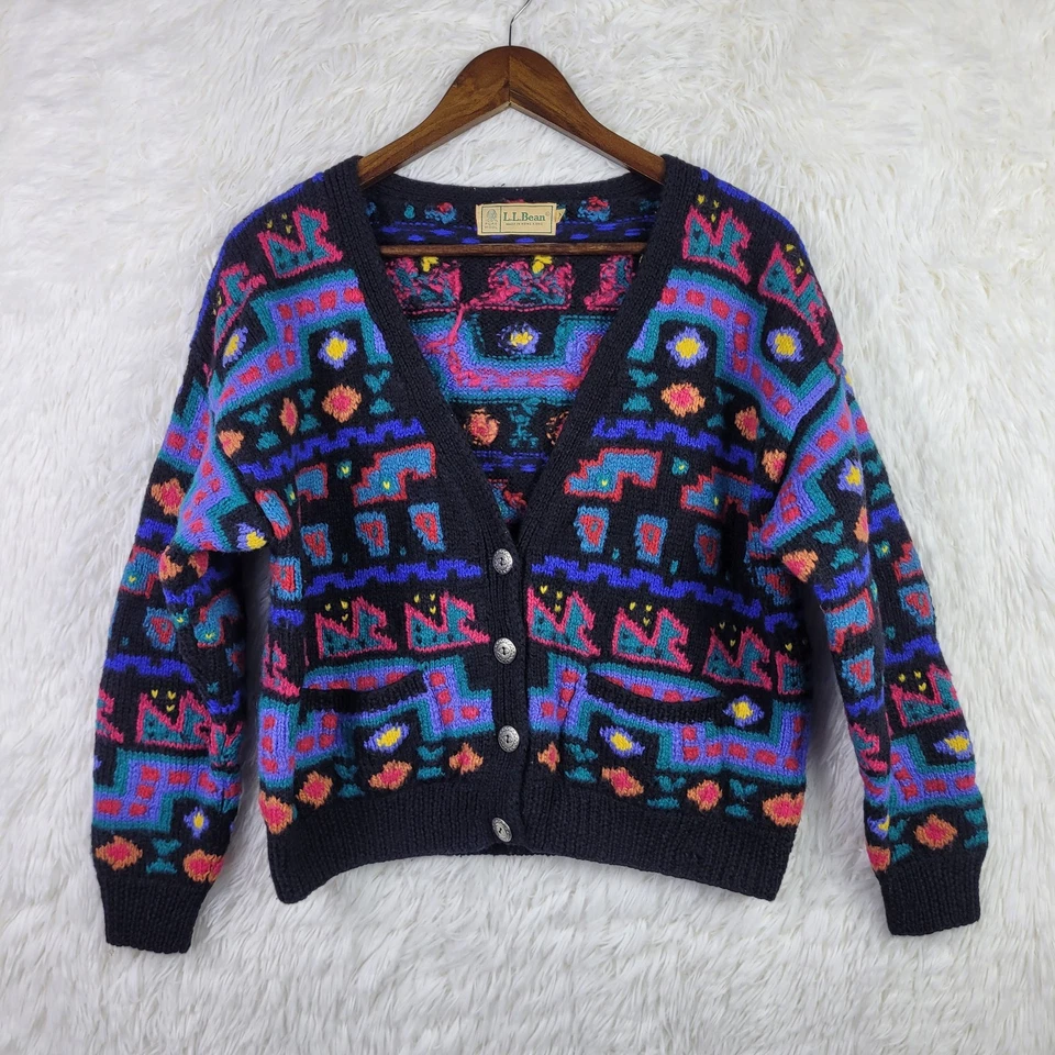 Cárdigan geométrico de colección LL Bean para mujer M 100 % lana años 80 90 suroeste cuadrado Foto 1 de 4