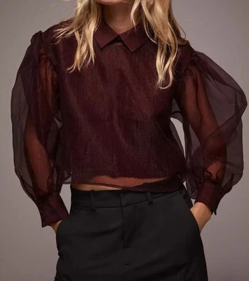 Nuevo con etiquetas Suéter Top Zara Borgoña Edición Limitada Organza Manga Abullonada Talla S Foto 1 de 3