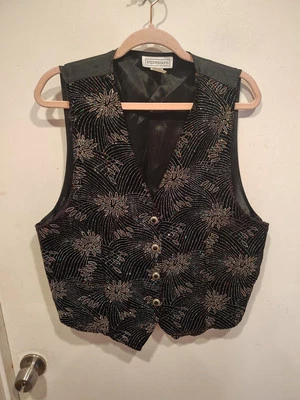 Impressions Of California Women's Black Velour Sparkly Printed Vest Sz L Event  - Image 1 of 4