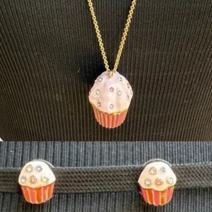Kate Spade Jeweled Pink Cupcake Charm Long Gold Chain Necklace & Earrings SET - Picture 1 of 19