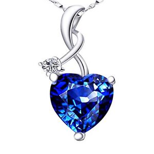 4.03Ct Created Blue Sapphire Heart Pendant Necklace 925 Sterling Silver w/ Chain