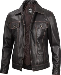 Chaqueta de camionero vintage de cuero de cordero premium para hombre - Chaquetas con cuello camisero - Imagen 1 de 38