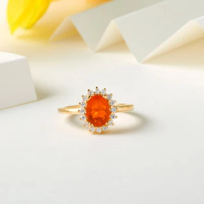 Anillo mexicano de ópalo de fuego en oro amarillo macizo de 10 quilates, anillos con halo de ópalo de fuego para mujer Foto 1 de 3