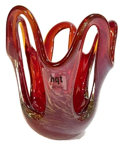 Modern HQT Amber Orange Glass Hand Blown Art Glass Vase Glossy Flared 6" - Picture 1 of 10