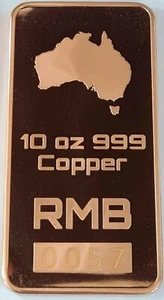 10 OZ 999 Fine Aust Pure Copper "Red Metal Bullion" Ingot, Australia 12 x 6 cm - Picture 1 of 2