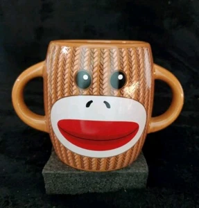 Sock Monkey Coffee Mug Double Handle Ceramic Brown Striped 14 oz Cup by Galerie - Picture 1 of 8