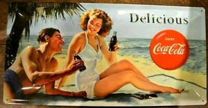 Nostalgic Art Coca Cola Delicious Strandbild Blechschild 25 x 50 cm Selten - Picture 1 of 1