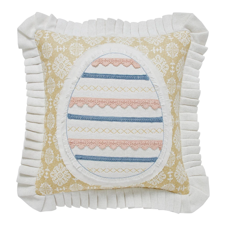 New Spring Easter French Country APPLIQUED EGG PILLOW Decorative Accent 18" - Image 1 of 2