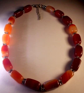 Silvertone Carnelian Rectangle Large Bead Necklace 16" - Picture 1 of 6
