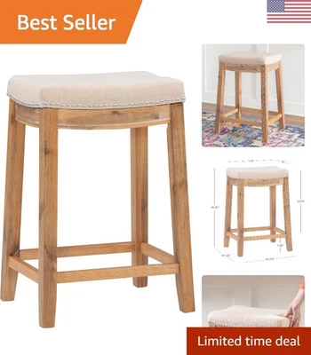 Banqueta Elegante de Acácia - Assento de Mistura de Linho Natural com Detalhes de Unhas de Prata - Imagem 1 de 4