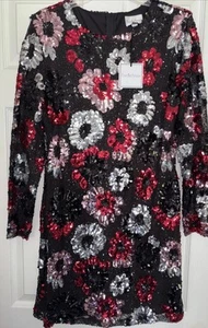 Premier Amour Long Sleeve Floral Sequin Dress Size 12 Cocktail NYE Black NWT - Picture 1 of 5