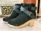 Free People Bungalow Forest Green Suede Strappy Wood Heel Clog Boot size US 8 38