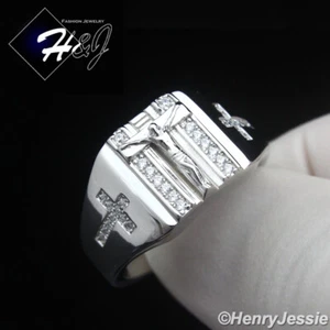 MEN SOLID 925 STERLING SILVER ICY CZ JESUS CROSS RECTANGLE RING SIZE 7-12*SR213 - Picture 1 of 5
