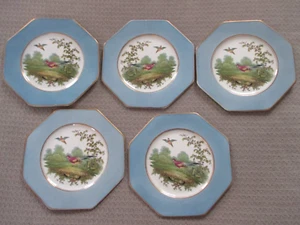 Set of 5 Antique Wedgwood Imperial Porcelain Octagon Pheasant Blue Gold Plates - Picture 1 of 1