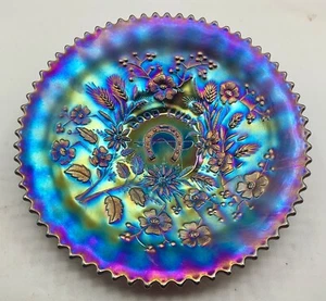 GORGEOUS VINTAGE CARNIVAL ELECTRIC PURPLE NORTHWOOD GOOD LUCK PLATE “SUPER COLOR - Picture 1 of 7
