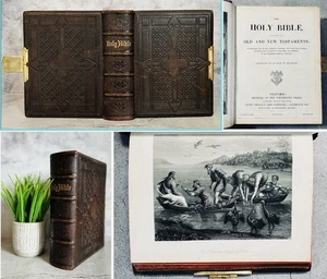 Antique 1880 Holy Bible Old New Testaments Fine Leather Clasp Oxford University - Imagen 1 de 21