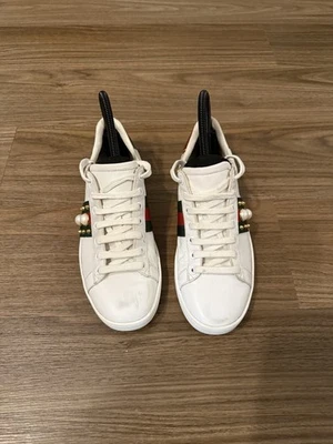 Gucci Zapatillas As Cuero Blanco Perla Tachonado Web Con Cordones, Talla US6 EU36 Foto 1 de 4