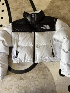 EUC THE NORTH FACE RETRO NUPTSE 700 DOWN PUFFER CROPPED JACKET BLACK WHITE S - Picture 1 of 11