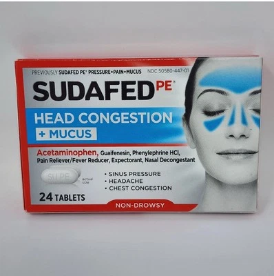 Sudafed PE Head Congestion + слизь, 24 таблетки, срок годности 02/2026 - Изображение 1 из 2