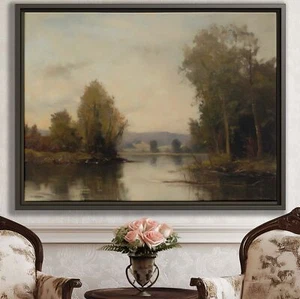 Lake Landscape Canvas Print Rustic Wall Art Oil Painting Vintage Nature Decor - Picture 1 of 9