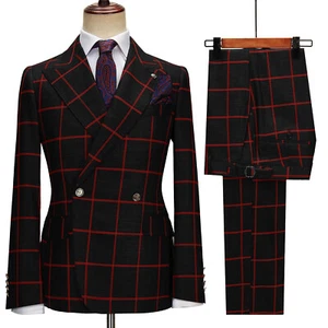 Men's Black Red Plaid Suits Double Breasted Jacket Pant 2 Piece Groom Slim Suits - Picture 1 of 12