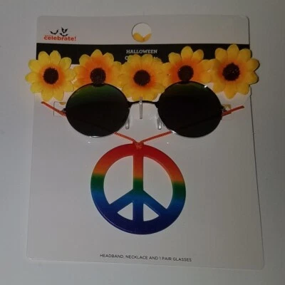NUEVO Disfraz Hippie Flower Power Halloween Girasol Diadema Gafas de sol Paz Foto 1 de 4