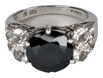 Black Spinel Gemstone Ring Size 6 White Zirconia .925 Sterling Silver, JTV - Image 1 of 4