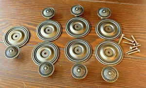 7 Vintage Two Piece Round Brass Drawer Cabinet Pull Knobs & Back Plates w/Screws - Picture 1 of 9