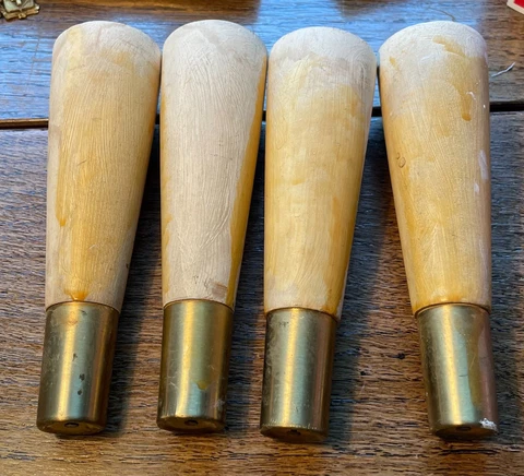 Set of (4) Mid Century Modern Tapered Table Legs Blonde Natural Wood Brass Tip Cover