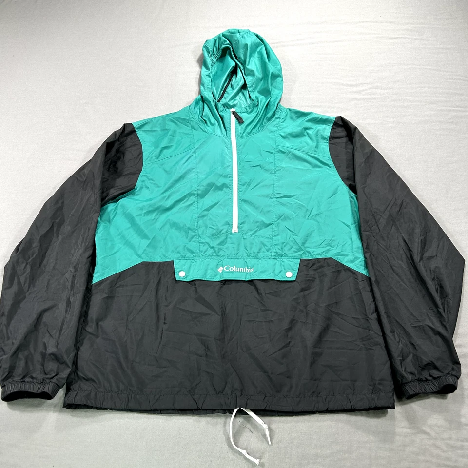 Chaqueta cortavientos Columbia para hombre mediana negra verde azulado con capucha al aire libre senderismo lluvia * Foto 1 de 4