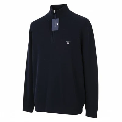 Gant Homme Pull 2XL Bleu Foncé Coton Tricot Serré Col Zippé Logo - Photo 1/4