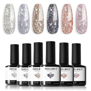 Modelones UV Nagellack Glitzer, 6 Farben Silber Rosa Gel Nagelgel Set, Farbwechs - Bild 1 von 12