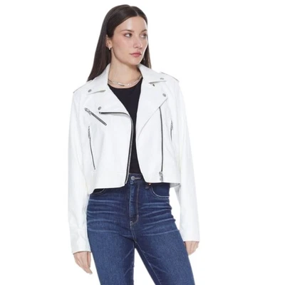 $209 Azul Renacimiento Blanco Imitación Cuero Moto Chaqueta Mujer Grande Elegante Cremallera Abrigo Motociclista Foto 1 de 4
