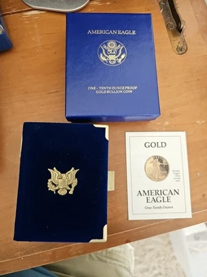 American Eagle 1992 prueba de oro caja de 1/10 oz y papel certificado de autenticidad solamente ** leer Foto 1 de 4