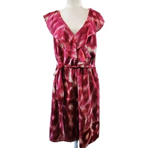 Ann Taylor Dress Womens 14 Pink Watercolor Ruffle V-Neck Sash Sleeveless Event - Picture 1 of 9