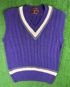 Vintage 80s Chaps Ralph Lauren Purple Cotton Cable Knit Medium Sweater Vest - Picture 1 of 4