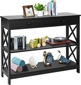 Wood Console Table 3 Tier Sofa Table with Drawer and Storage Shelves Narrow Entr - Picture 1 of 6