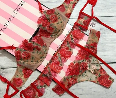 Victoria's Secret Dream Angels Floral Embroidery Unlined Bra Thong Garter Set - Image 1 of 4