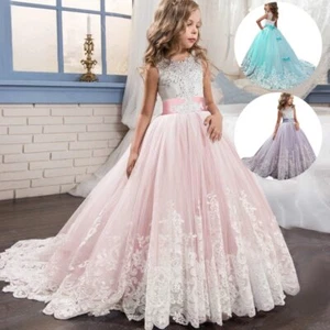 Girls Lace Long Prom Gowns Bridesmaid Kids Dresses Dress Kids Princess Party - Picture 1 of 27